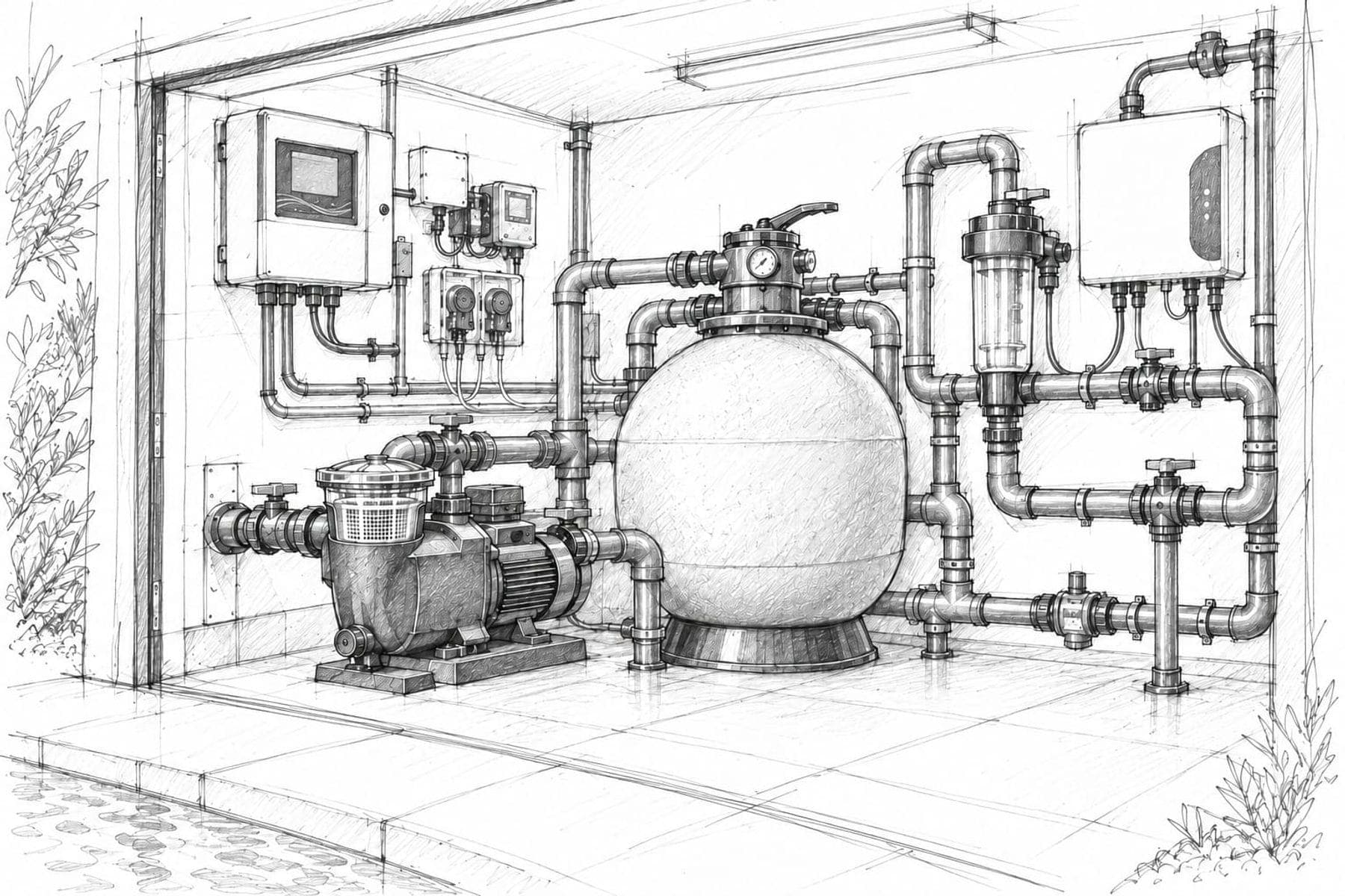 Croquis d’un local technique de piscine : pompe, filtre et traitement